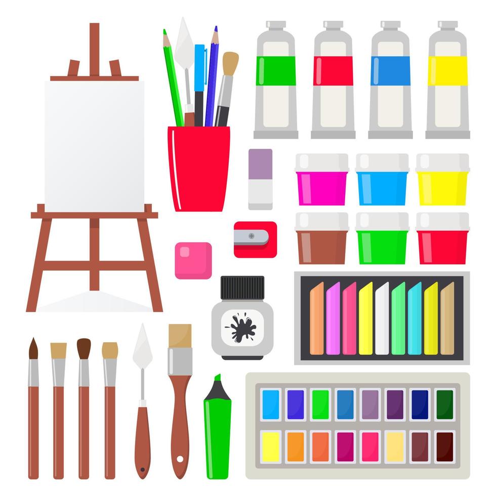 Cute set of art supplies for drawing in flat style isolated. Watercolor  paint and brushes, oil paint and gouache, easel and canvas. Painting icons  collection. 4293290 Vector Art at Vecteezy