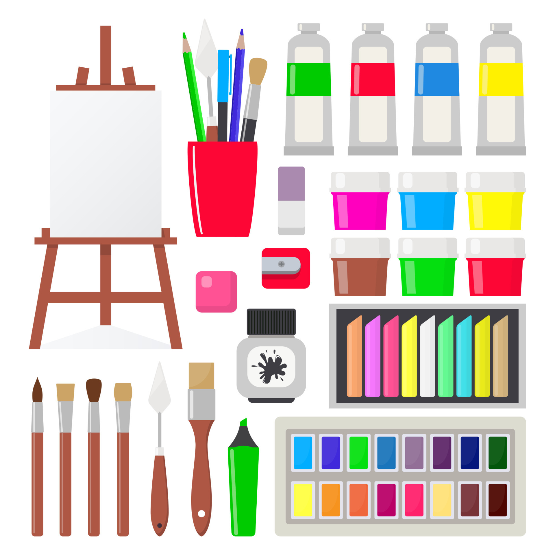 Painting tools set. Various art supplies. Drawing creative