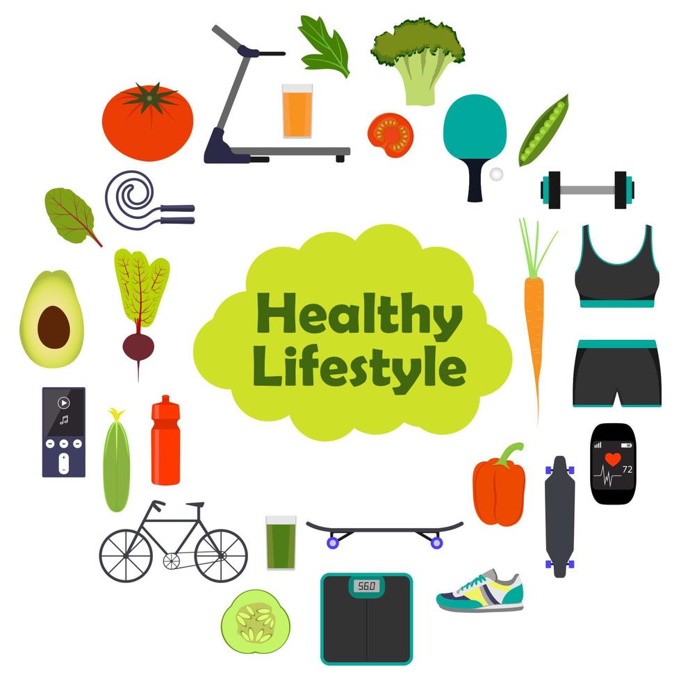 Icons of healthy food, vegetables and sports equipment for different sports. Healthy lifestyle illustration icon set. Healthy life concept, vector. vector