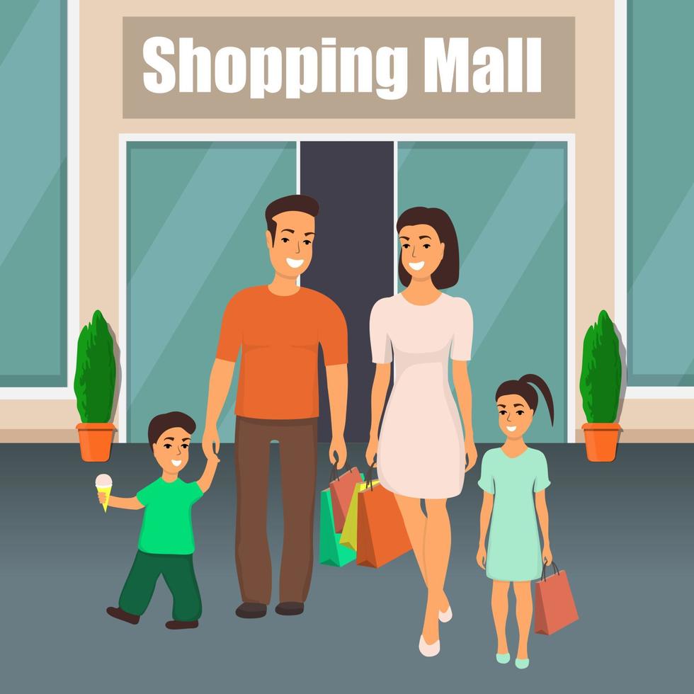 Family with children getting out of the shopping center with shopping bags in hand. Mom, dad, son and daughter enjoy shopping. Shopping center in the background. Vector illustration in flat style.