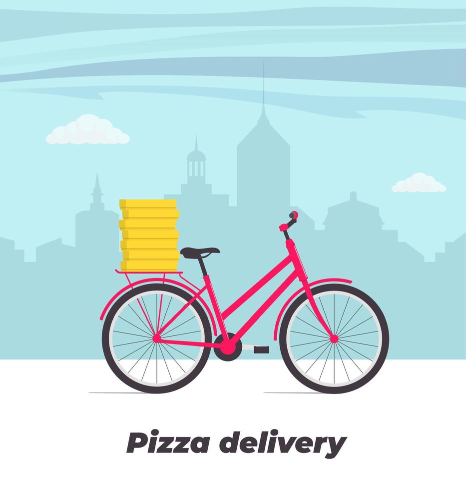 ilustración del concepto de servicio de entrega de pizza. bicicleta con cajas de pizza en el maletero. gran ciudad en el fondo. ilustración plana vectorial. vector