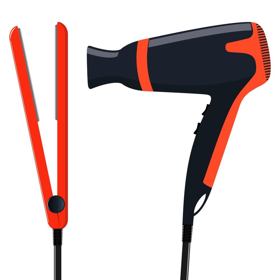 Plancha de pelo profesional moderna y elegante y secador de pelo para secar el cabello y peinarlo, aislado en fondo blanco. ilustración plana vectorial. vector