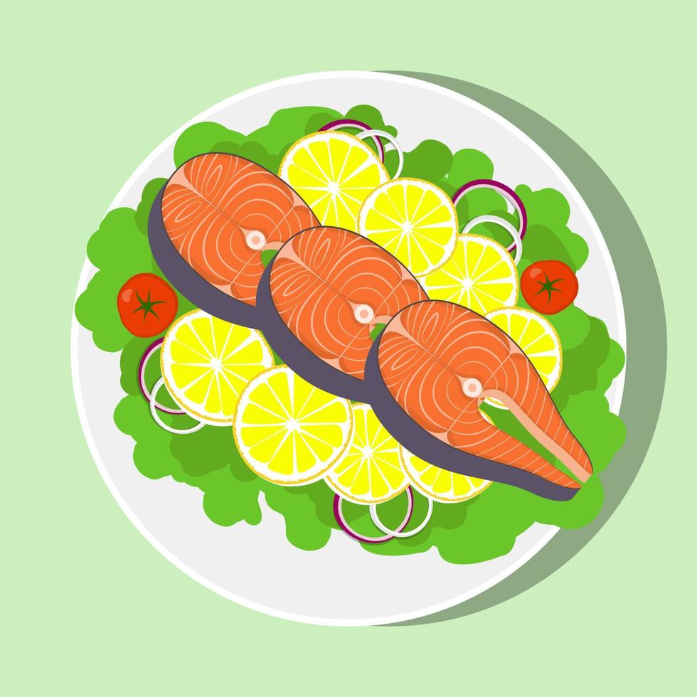 Salmon steak with with lemon, herbs, tomato, onion on white plate, top view. Vector flat illustration.