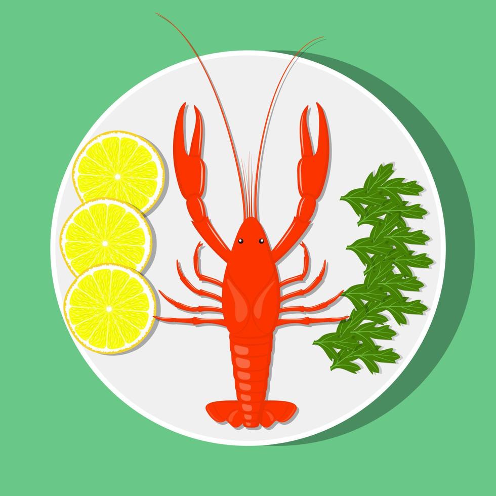 Big red lobster on white plate with lemon slices and herbs. Vector flat illustration.