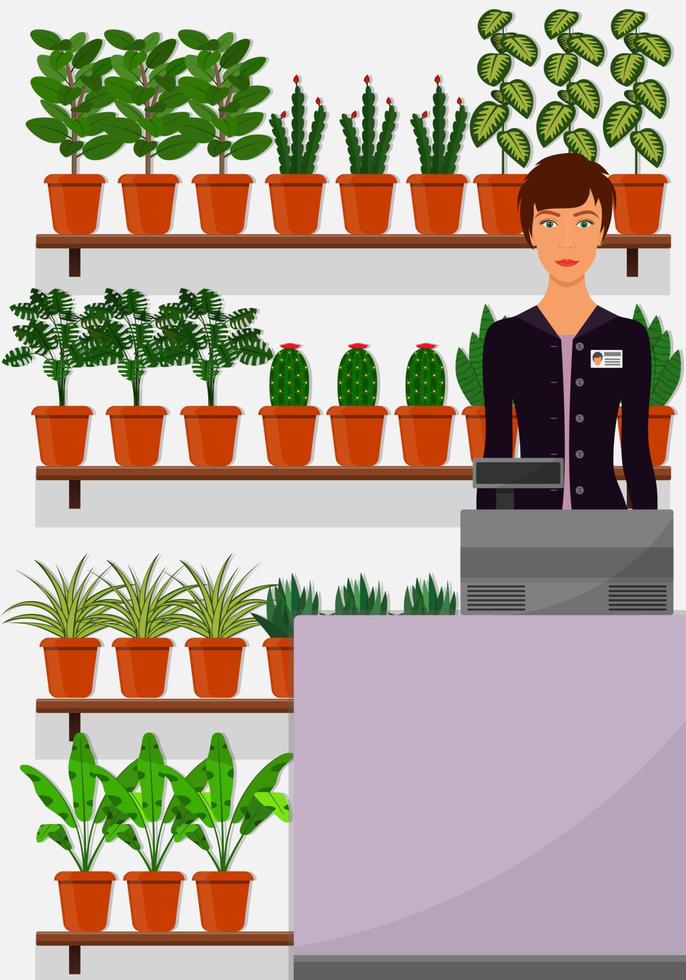 Flower shop interior. Woman seller behind the counter, houseplants on shelves. Chlorophytum, dieffenbachia, cactus. Vector illustration in flat style.