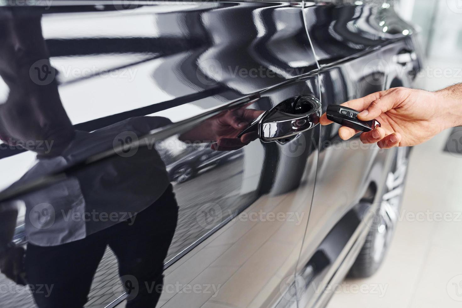 Close up view of man's hand that holds automobile keys photo