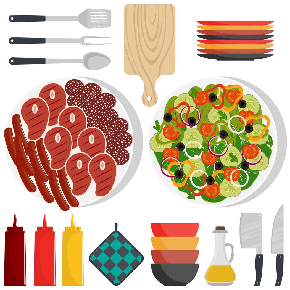 Barbecue party tools and food. Grilled meat, steak, sausage, vegetables. Vector illustration in flat style.