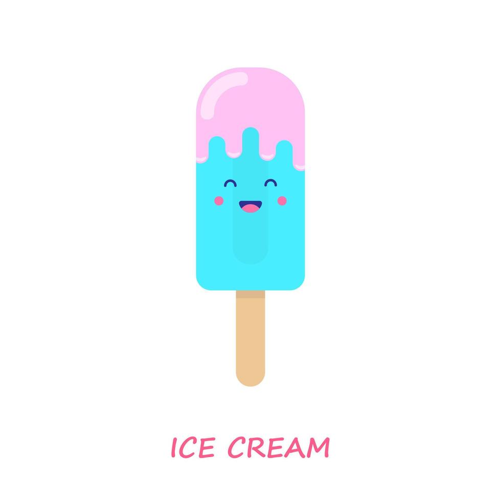 Vector illustration of cartoon funny ice cream with happy smiling face for kids designs and decorations, isolated on white.