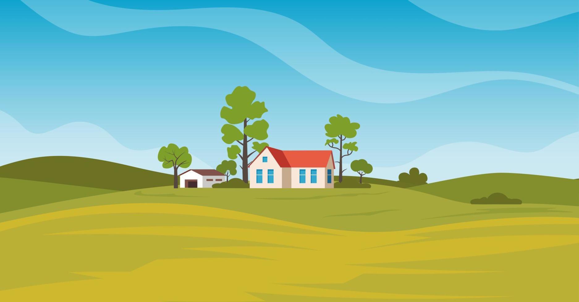 Rural landscape with beautiful view of distant fields and hills. Rustic private house, barn and trees. Vector illustration.