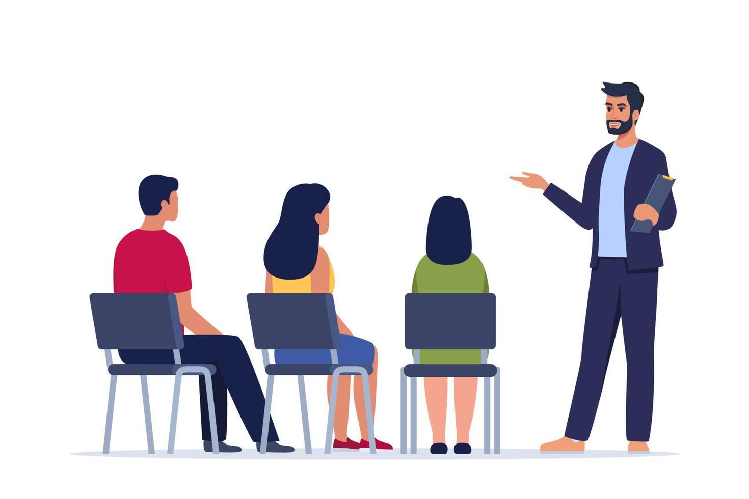 Man trains newcomers to company. HR manager explains tasks, sets goals for interns. Staff management concept. Personnel training. Onboarding, orientation training on first day. Vector illustration.