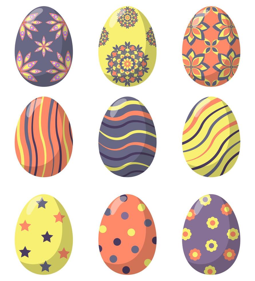 Easter eggs decorated with various simple and complex patterns, set. Vector illustration in flat style.