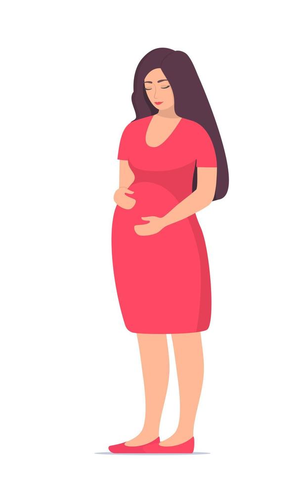 Cute pregnant woman standing and holds hands the big belly. Happy beautiful pregnant woman character. Girl expecting a baby. Maternity concept. Vector Illustration.