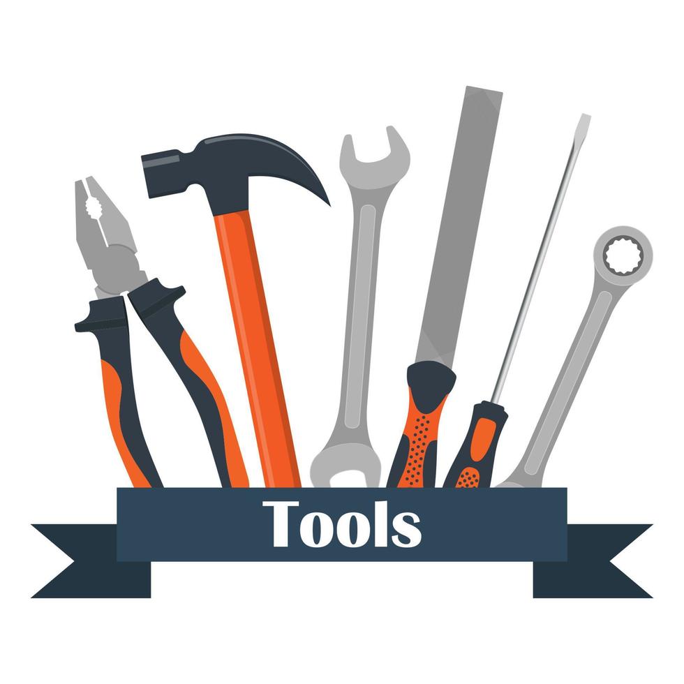 Collection of carpentry, mechanic, locksmith tools. Wrench, screwdriver, hammer, rasp, pliers. Vector illustration, isolated.