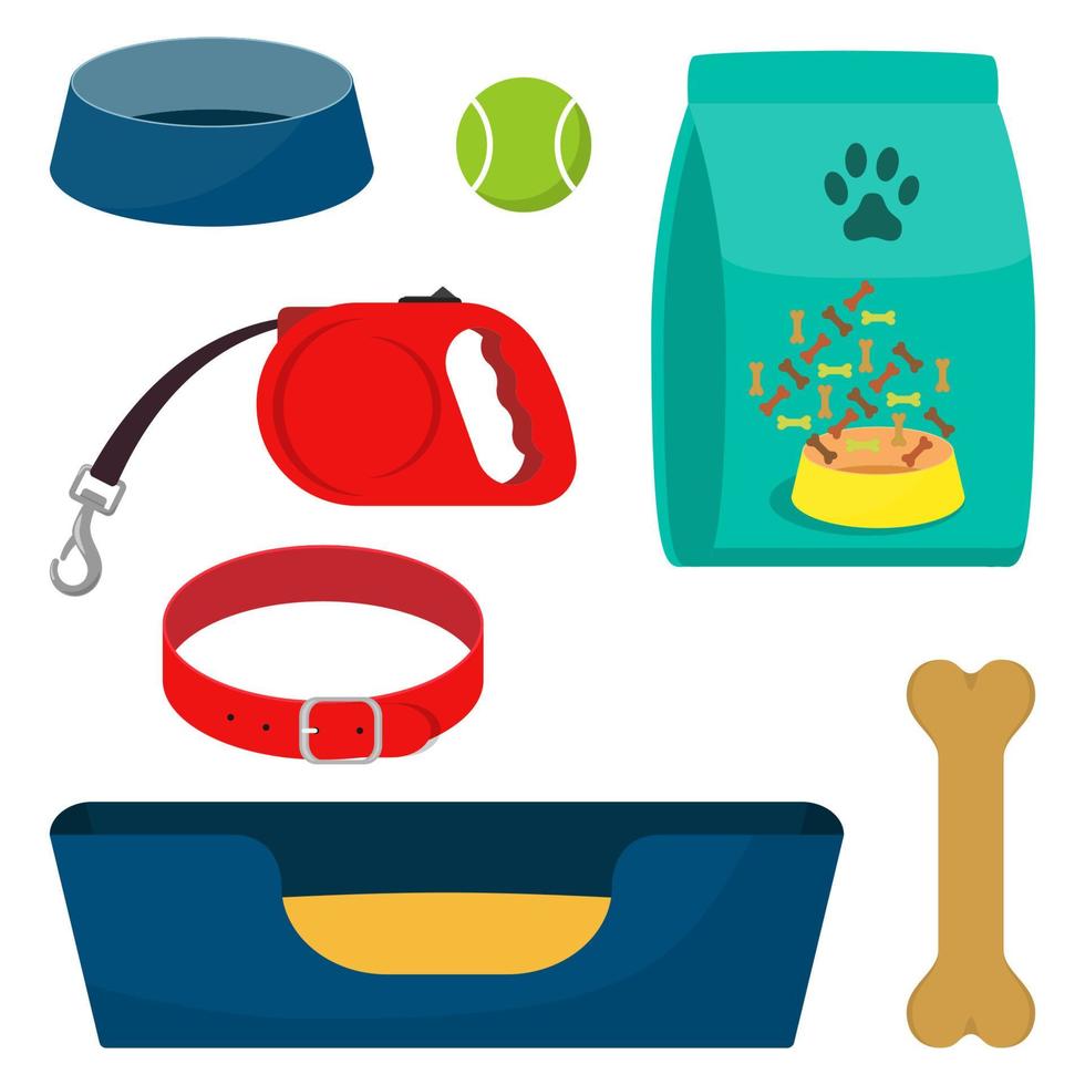 Pet care accessory, set. Collar, bone, bowl, food, ball, a deckchair. Flat style vector illustration, isolated.