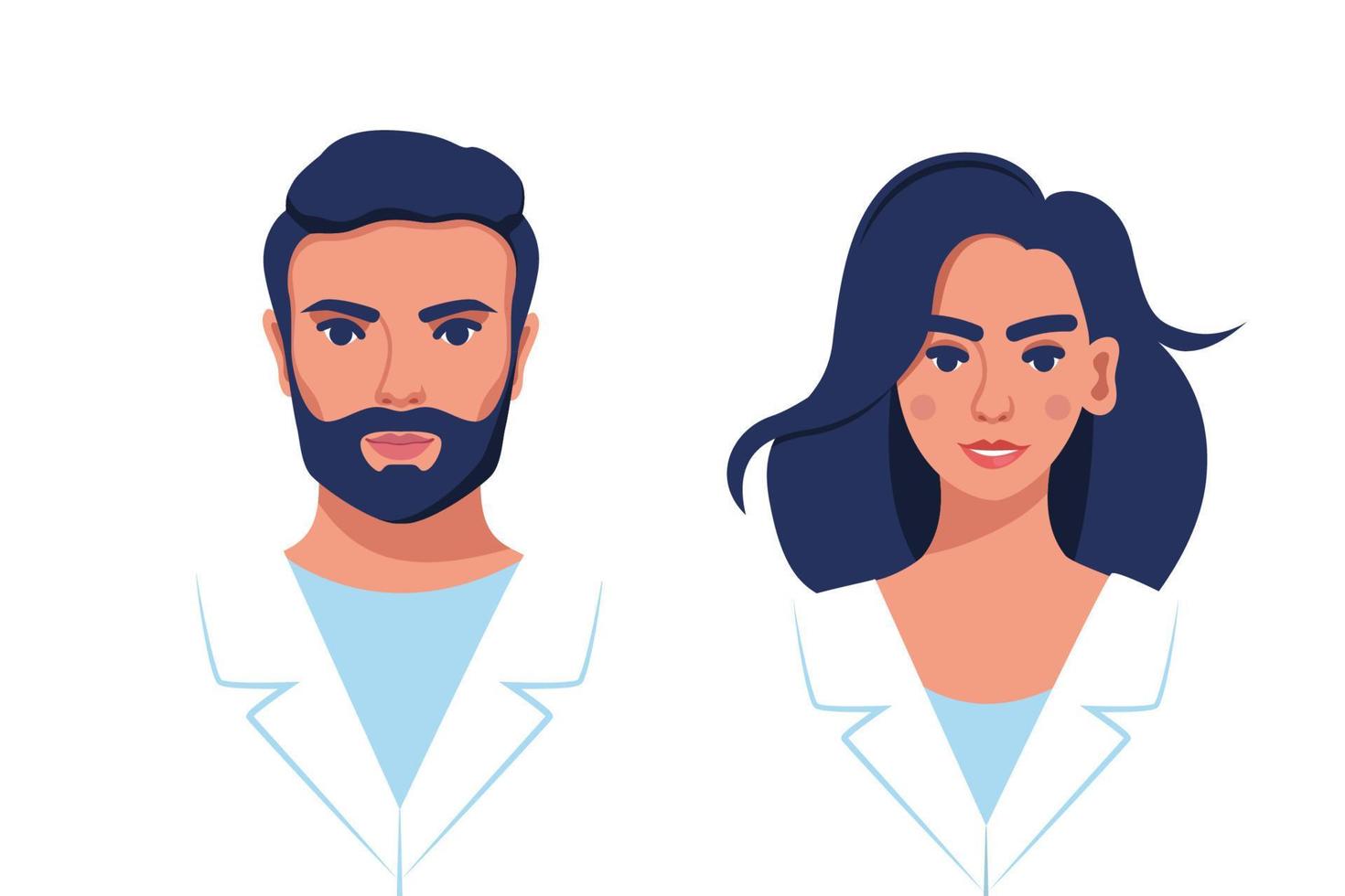 Medicine flat avatars set with male and female doctors in medical robe. Medical clinic team. Vector illustration.