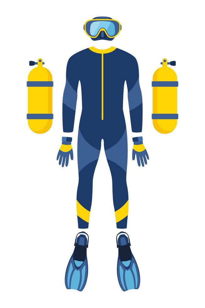 Diving equipment, set. Scuba diving, aqualung oxygen cylinders, diving costume, flippers, mask and tube. Vector illustration.