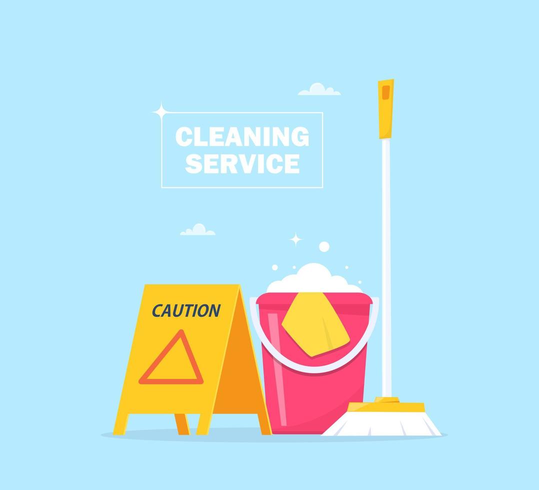 Cleaning service concept for web banner, infographic, poster. Slippery wet floor warning sign, bucket, mop, detergent. Vector illustration.