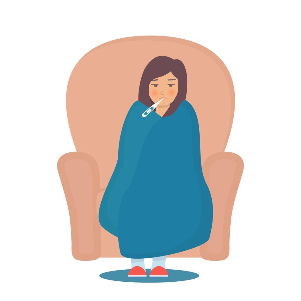 Sick woman sitting in a chair wrapped in blanket, with a thermometer in her mouth. Female character sick of seasonal flu. Epidemic, illness, disease, sickness, vector concept illustration.