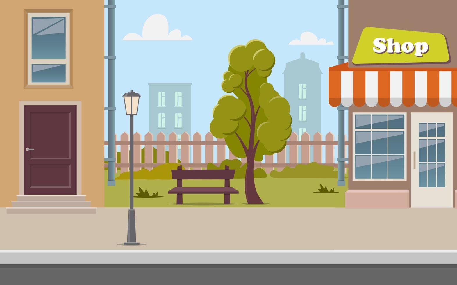 linda calle de dibujos animados con una tienda, un árbol, un banco, una valla, una farola. Ilustración de vector de fondo de calle de la ciudad.