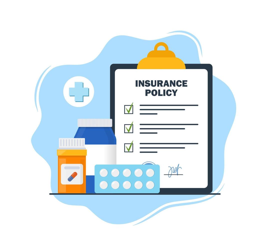 Insurance policy on clipboard. Health insurance agreement and medical