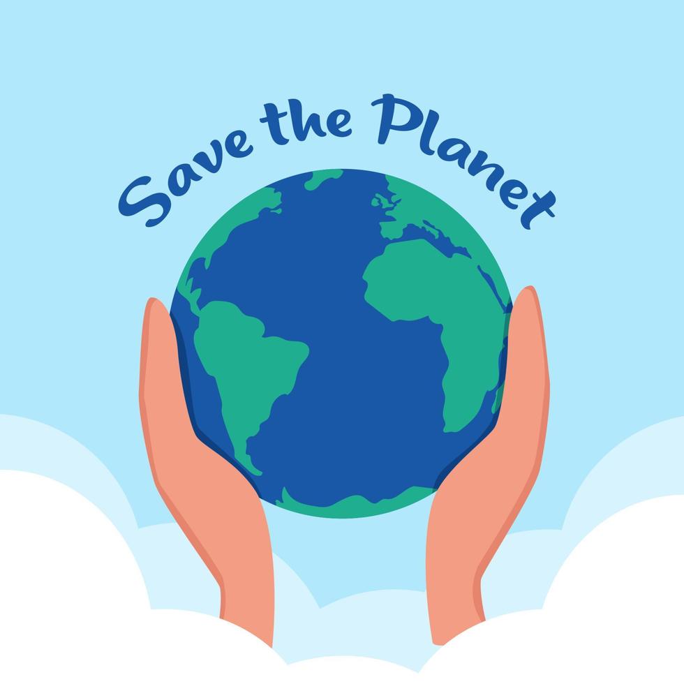 Save the planet. Planet Earth in caring hands. Happy Earth Day. 22 of April. Hands holding earth ball. Flat style vector illustration.