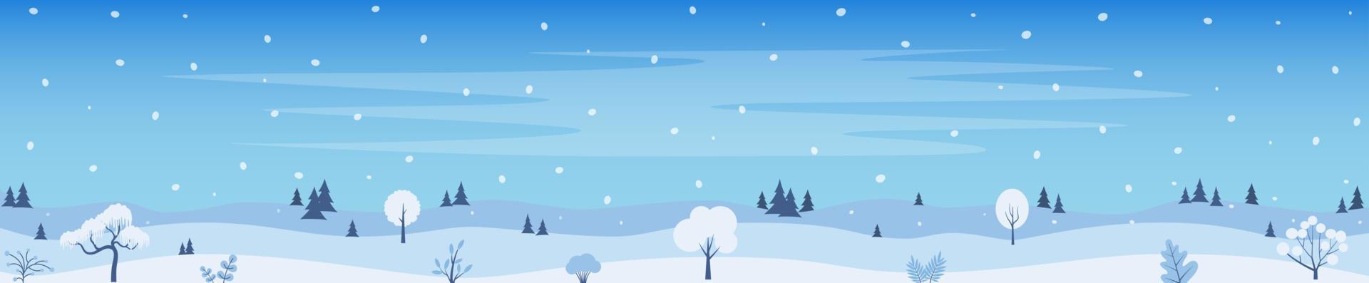 Winter Landscape Background, Pine Snow Trees, Woods. Horizontal banner template with winter landscape snowy background. Vector Illustration.