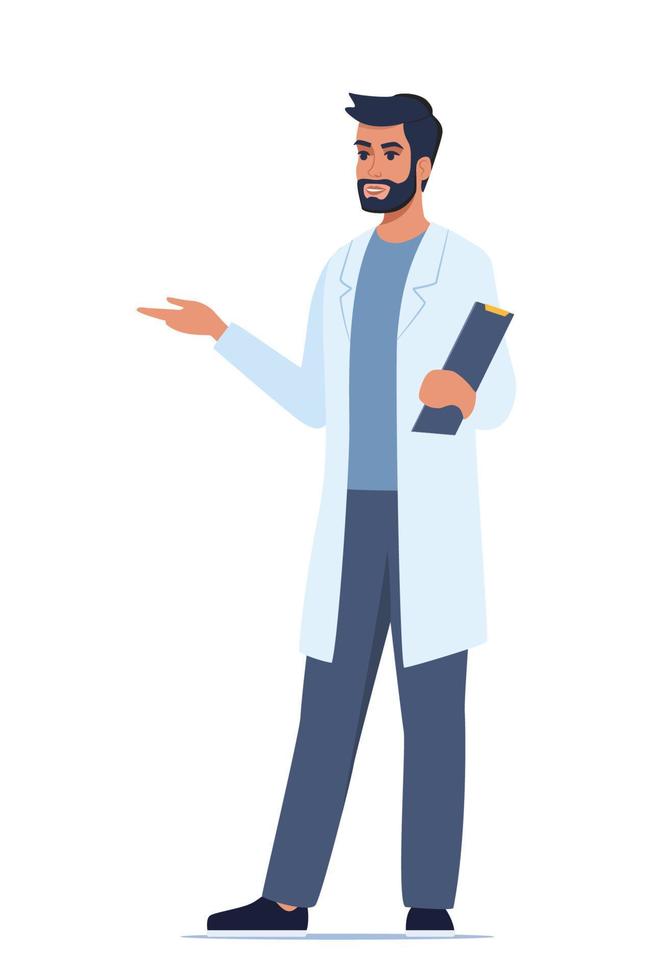 médico con uniforme médico señalando y mostrando algo con la mano. hombre trabajador de medicina explicando y presentando algo. ilustración plana vectorial. vector