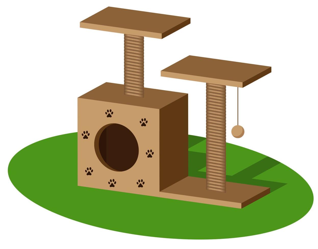 Jungle gym for cats with cat house and scratching post. Isolated pet supply. Realistic illustration of cat furniture on white background. Vector illustration.