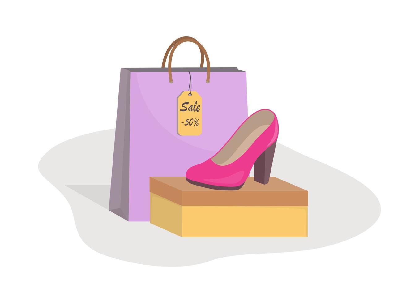 zapatos de mujer modernos y elegantes en caja, vista lateral, bolsa de papel colorida y etiqueta de precio con 50 por ciento de descuento. venta en una zapatería. banner publicitario de venta de calzado. ilustración vectorial, estilo plano. vector