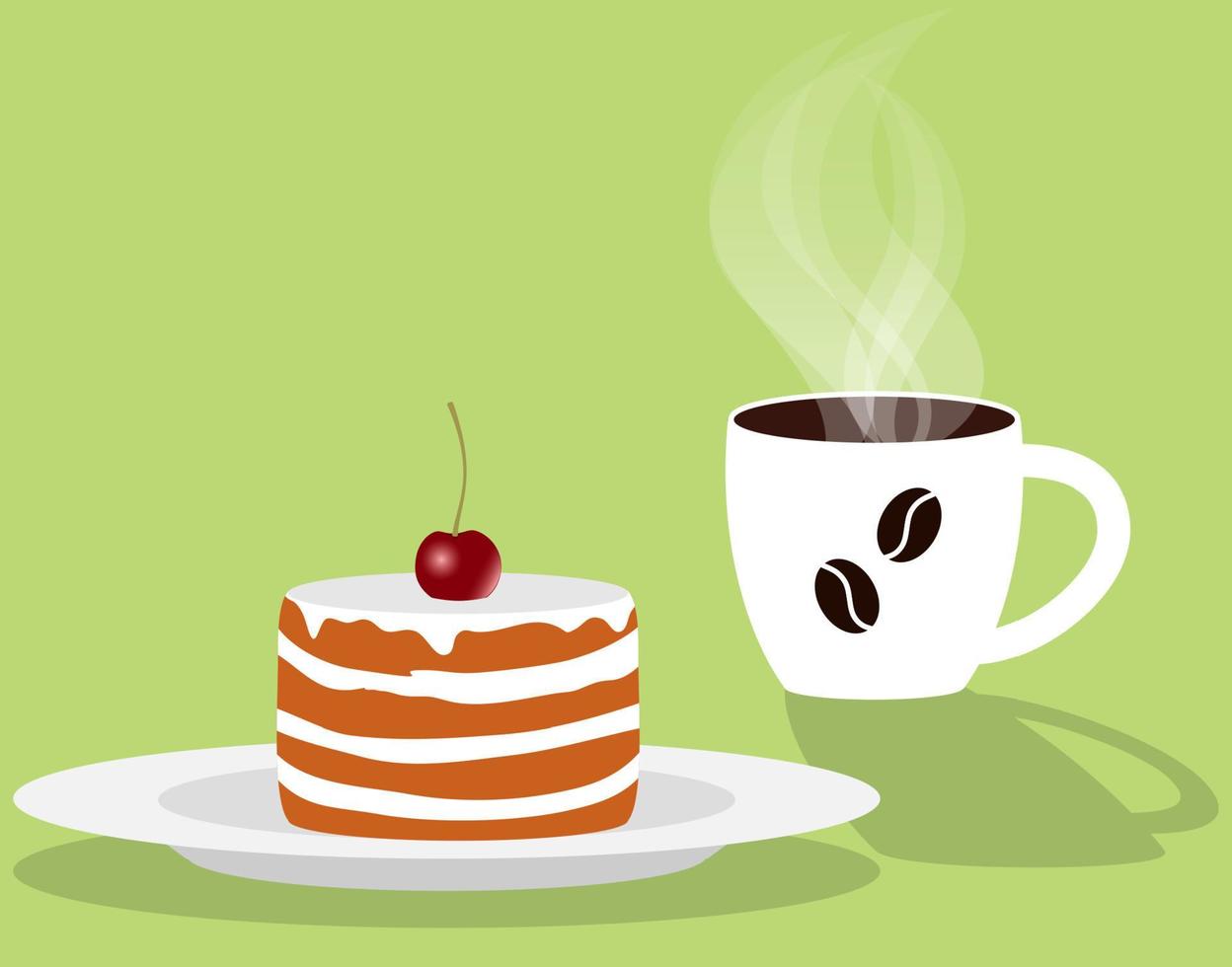 taza de fragante café humeante y pastel con cereza en un platillo. ilustración vectorial en estilo plano. vector