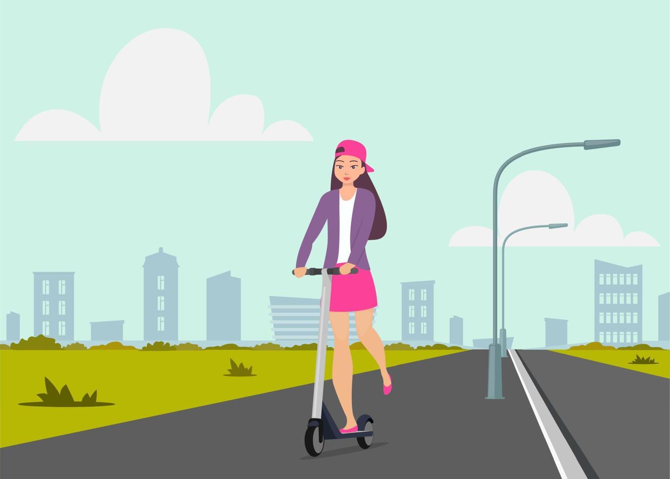 linda chica montando patinete en las calles de la ciudad. una adolescente con falda corta, chaqueta y gorra de béisbol monta en scooter. joven personaje femenino encantador en patinete, vector en estilo plano.