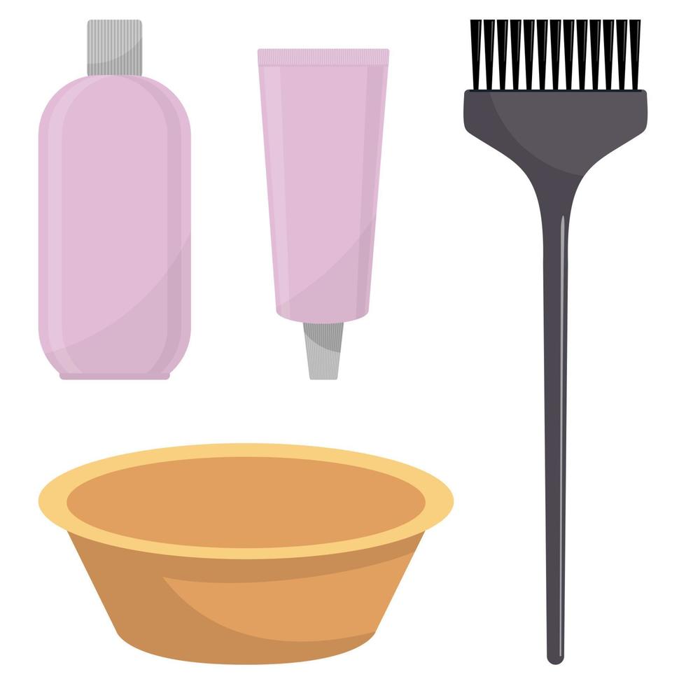 Hair dye, oxidizer, hair dye brush and mixing bowl. Hair coloring set, vector illustration, isolated on white.
