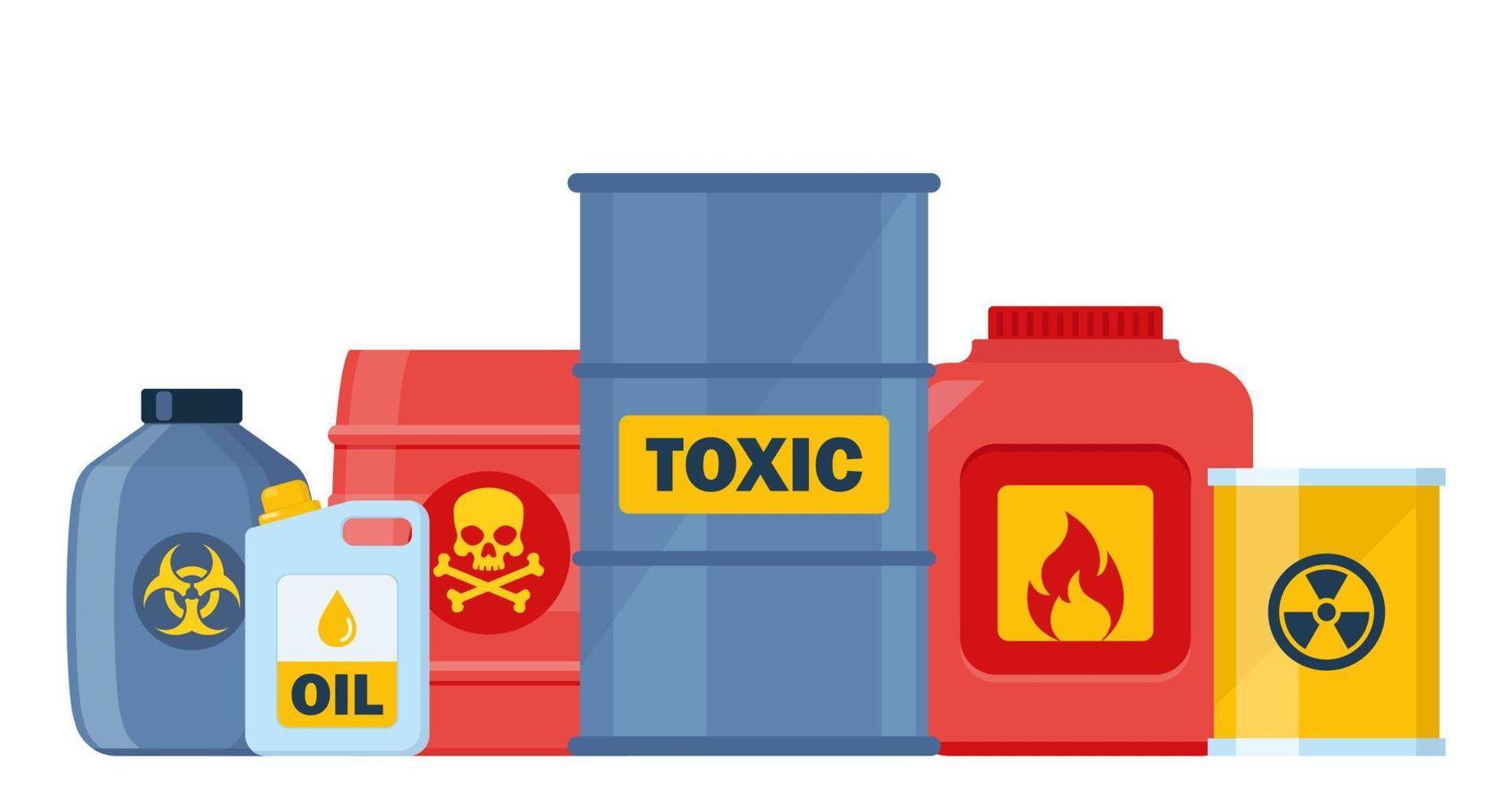 Set of containers with toxic and chemical substances. Dangerous Toxic, Biohazard, Radioactive, Flammable substances. Vector illustration.