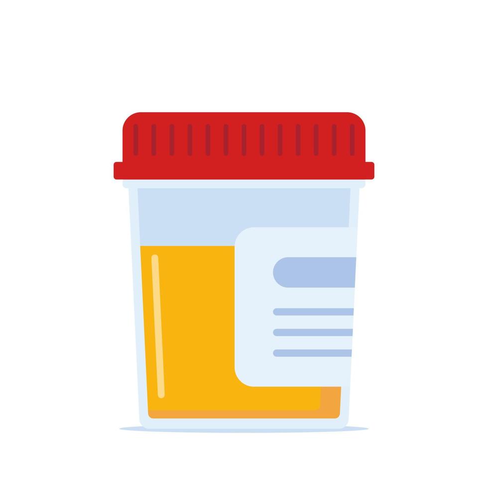 Urine analysis. Urine test icon. Pee sample in a plastic box. Medical sample in a glass tube. Laboratory container. Vector illustration.