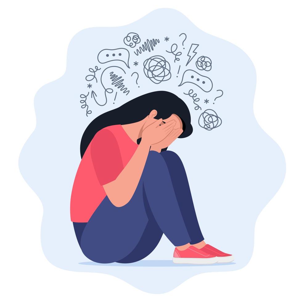 Young woman is sitting surrounded by stream of thoughts, chaos in head. Mental disorder, anxiety, depression, stress, headache. Dizziness, sad, anxious thoughts, emotional burnout. Vector. vector