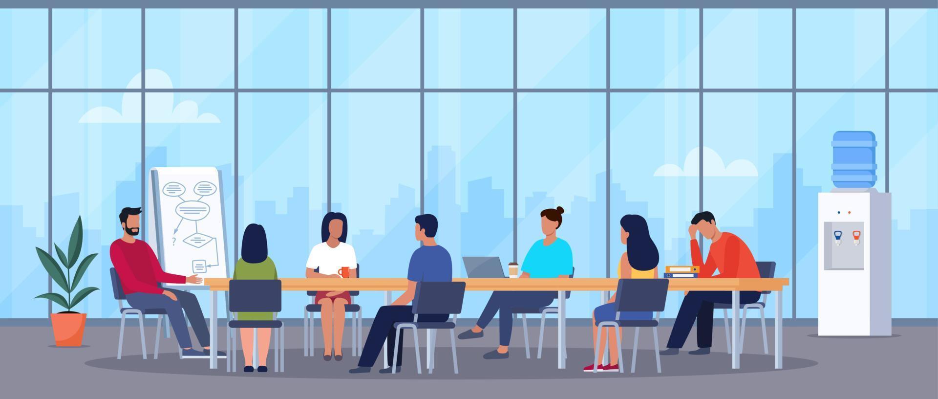 Teamwork brainstorming concept. Colleagues in the meeting room generate ideas for project. People meeting at desk in office. Vector illustration.