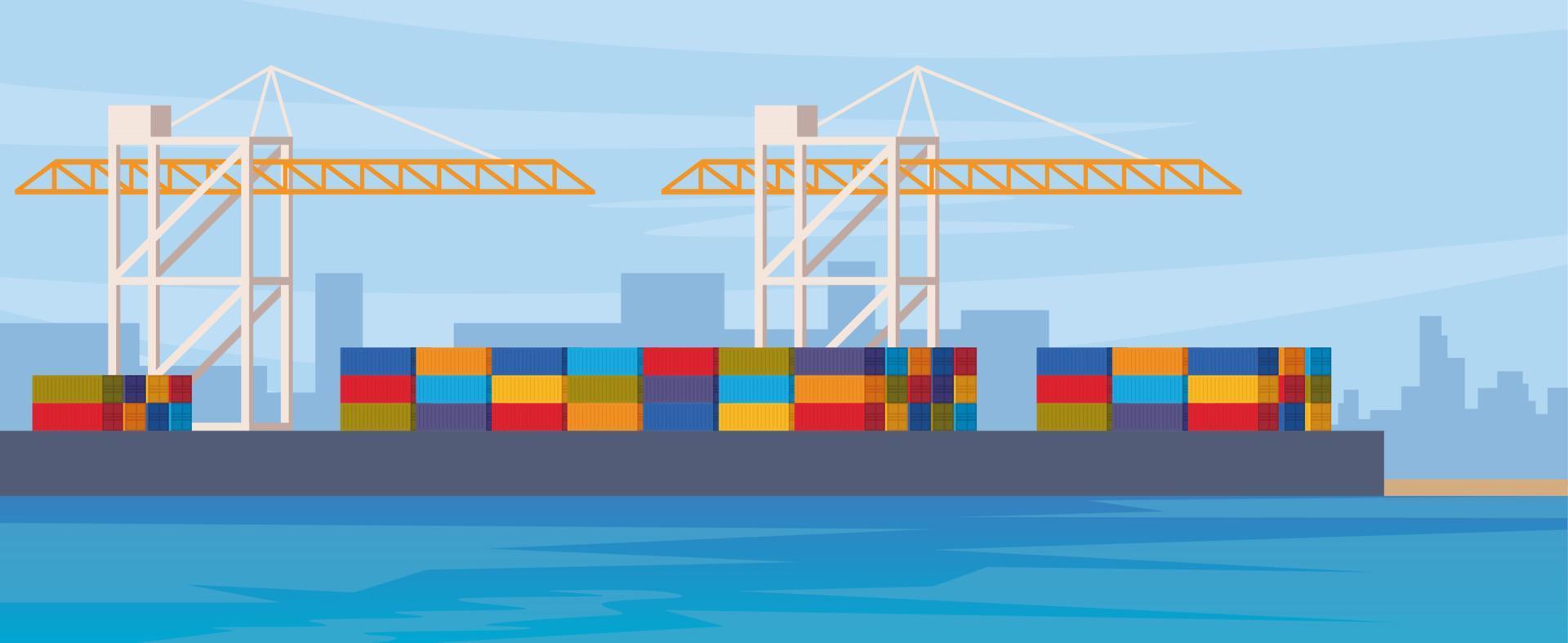 Cargo seaport with cranes, containers and warehouses. Cargo logistics. International cargo transportation and trade. Container ship, working cranes in shipping yard. Vector illustration.