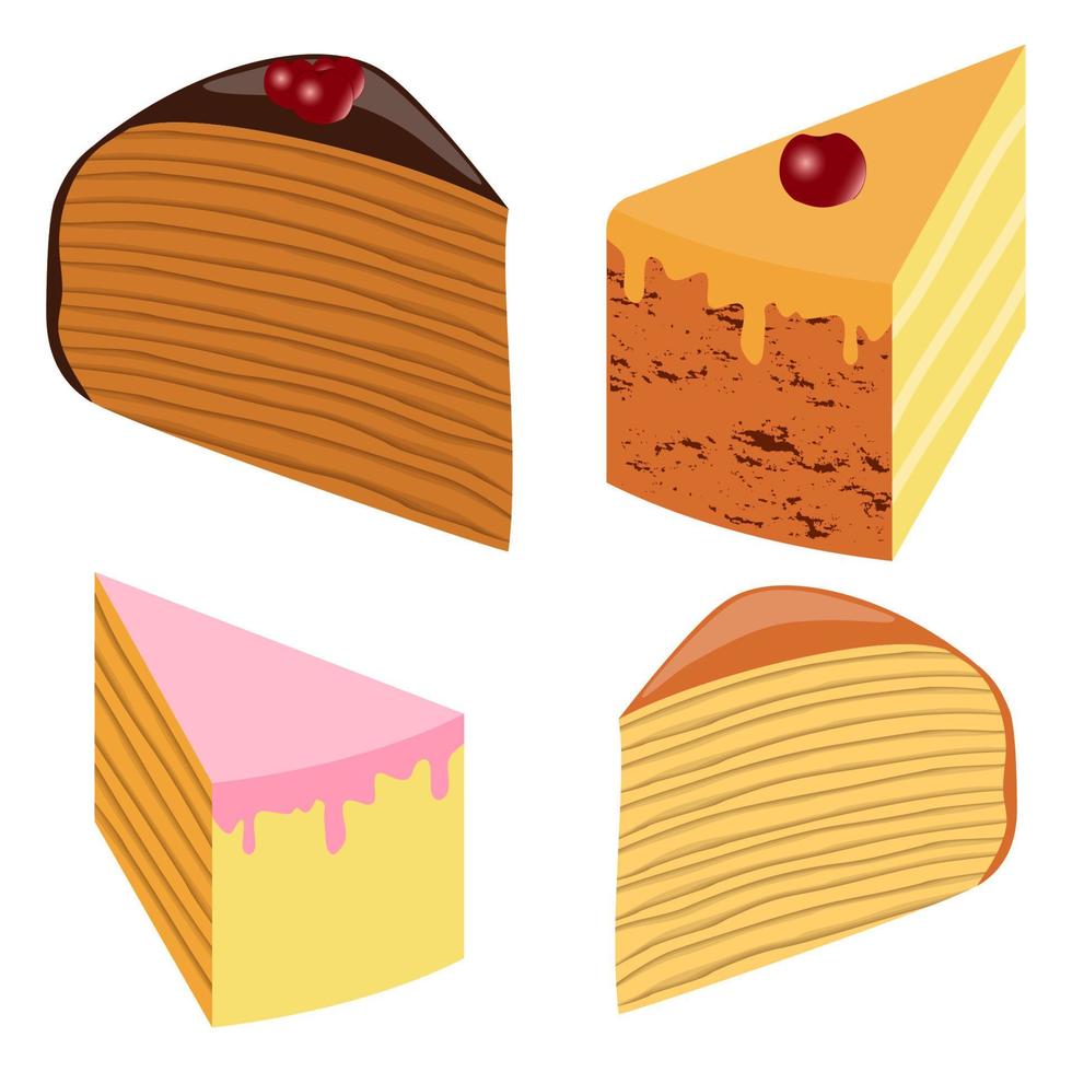 Various cake slises, set. Cakes with cherry, chocolate, cream, biscuit. Vector illustration.