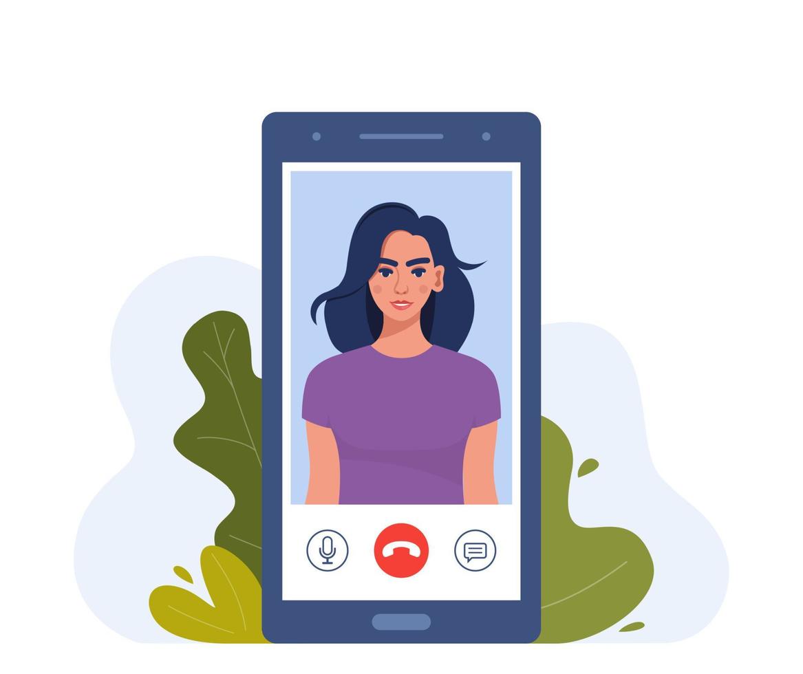 Video call on smartphone. Young woman on smartphone screen with connection icons. Communication online using the phone. Talking through video call. Chatting online. Vector illustration.