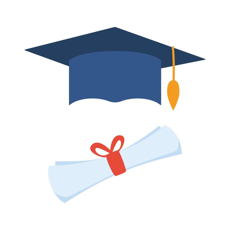 Graduation cap and rolled diploma icons, graduate from college, university. Vector illustration isolated on white background.