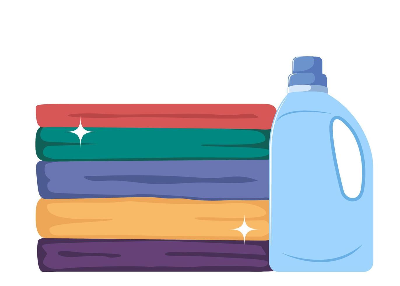 Stack of clean clothes and bottle of fabric softener gel. Pile of neatly folded shirts, t shirts, jeans, trousers, dresses. Washed clothes. Housekeeping, cleanliness concept. Flat vector illustration.