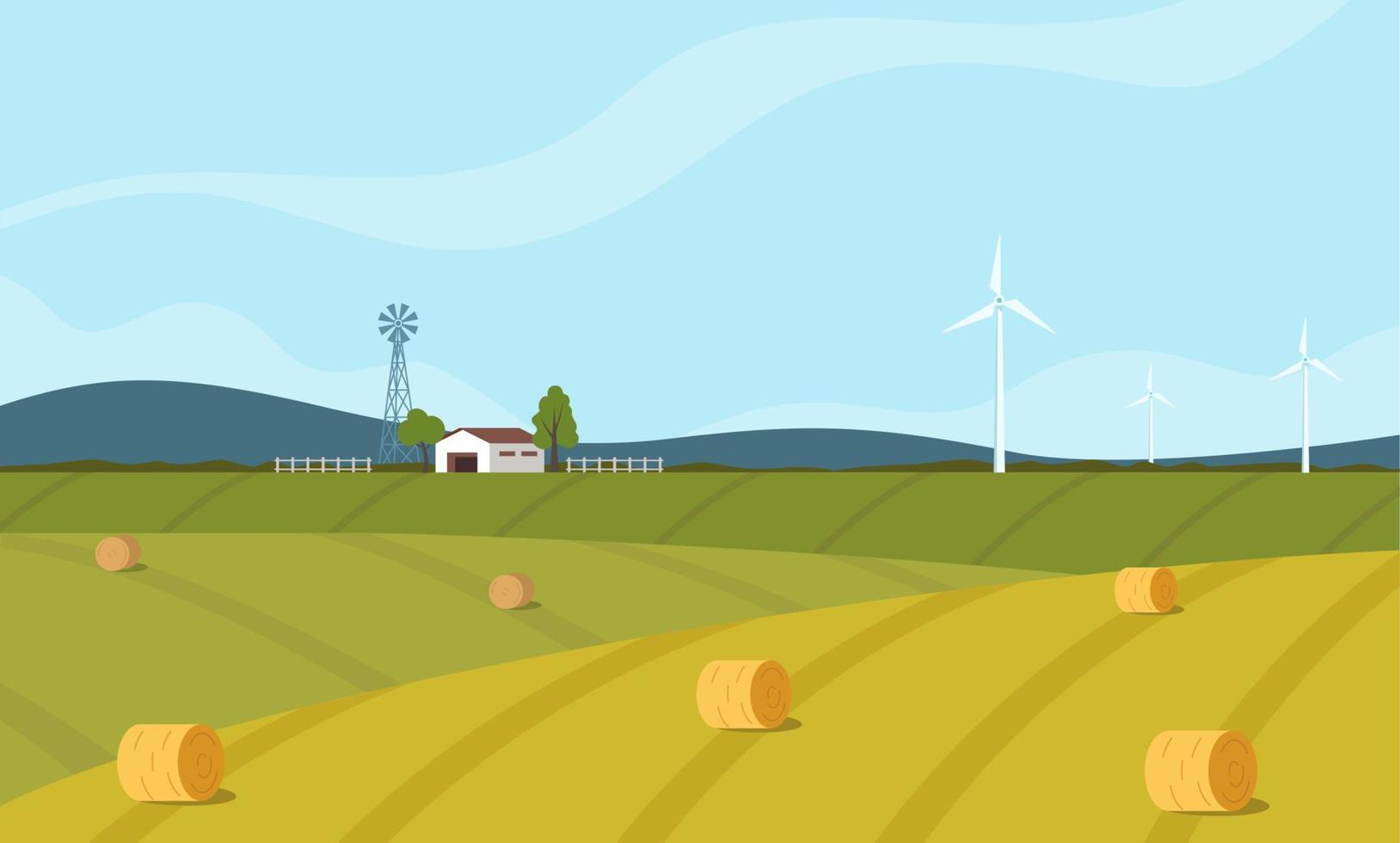 Farm scene with barn and windmill, trees, fence, haystacks. Rural landscape. Agriculture and farming concept. Cute vector illustration.