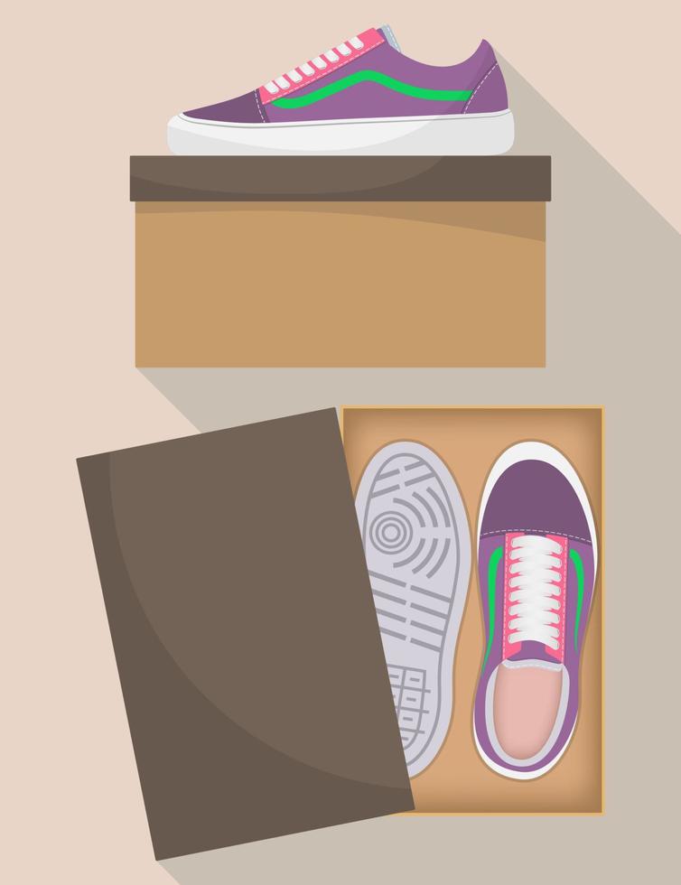 Stylish modern sneakers in box, side and top view. Sneakers in a shoe box. Sports or casual shoes. Illustration for a shoe store. Vector flat illustration.