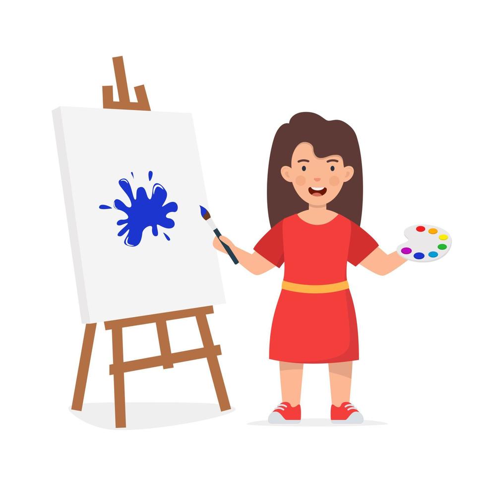 Happy Child Painting on Easel. Smiling Girl with brush and paints. Kids art center banner, flyer. Vector Illustration.