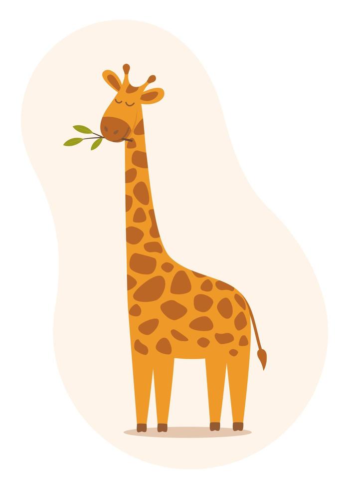 Linda jirafa de moda de dibujos animados con los ojos cerrados. Ilustración de vector de vida silvestre de animales africanos en estilo plano.
