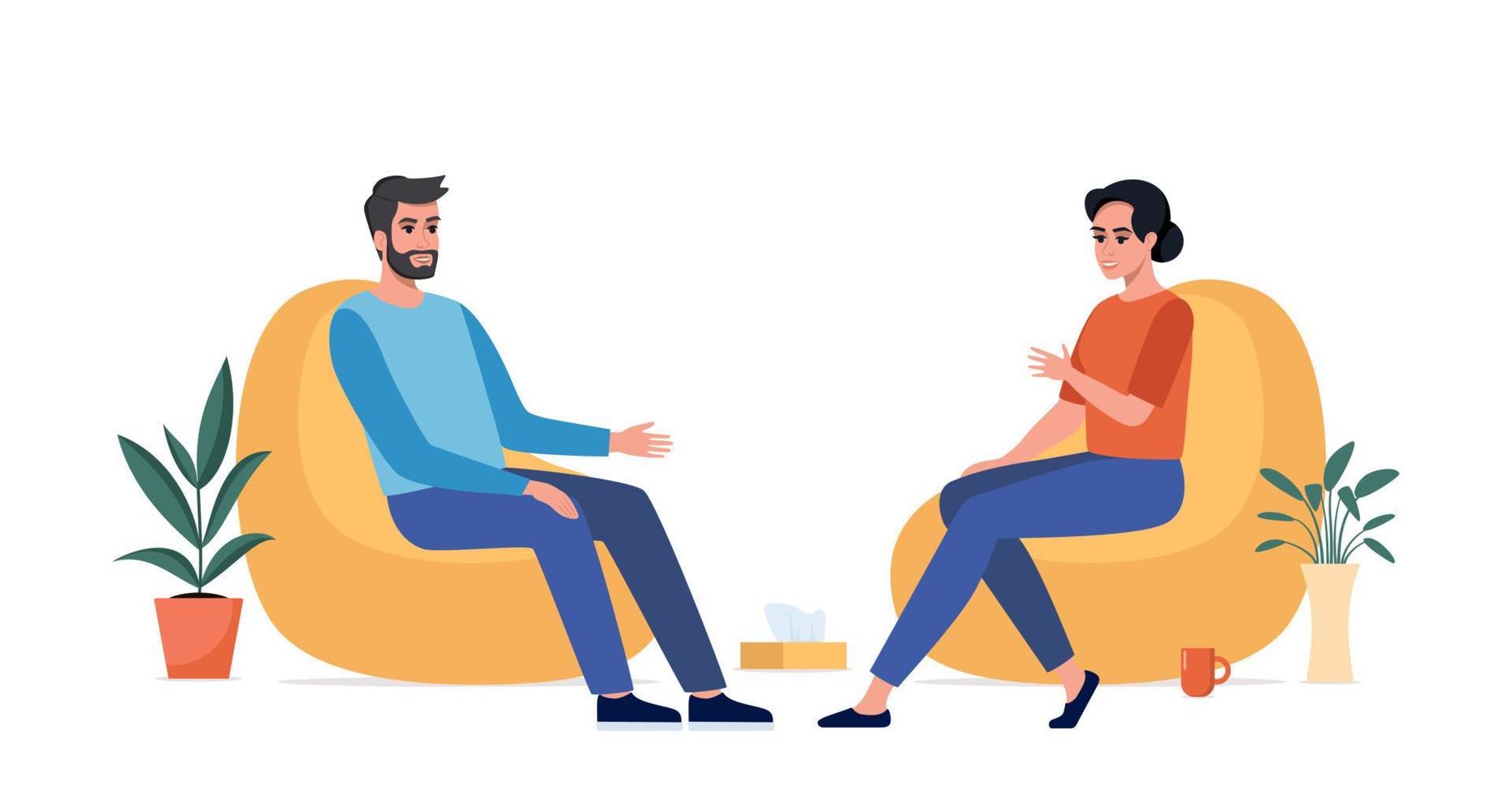 Female psychotherapist has an Individual session with her patient. Man sits on the chair and tells something to his counselor. Talk therapy concept. Vector illustration.