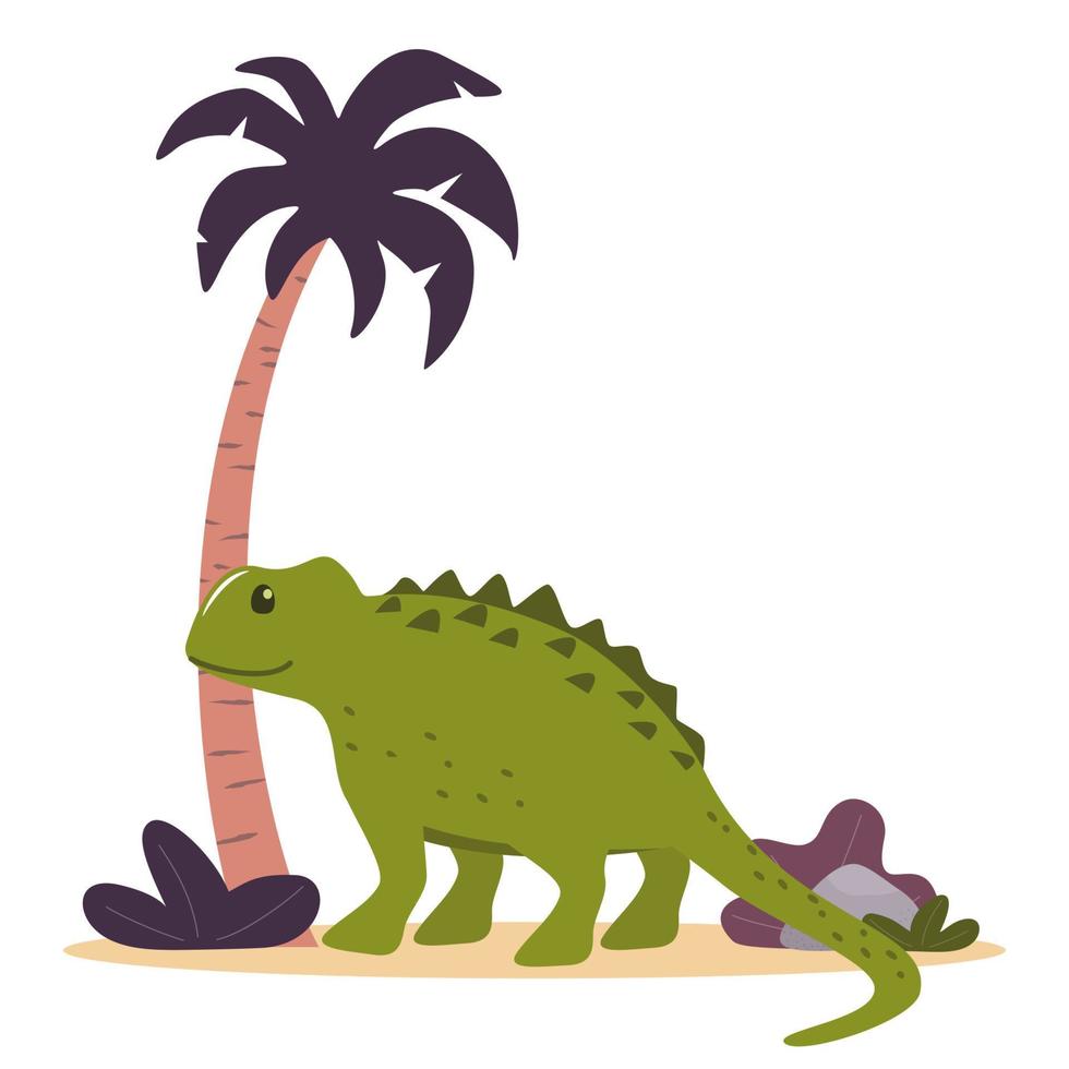 lindo dinosaurio, palma y plantas. Fauna silvestre prehistórica del período jurásico. ilustración vectorial en estilo plano. vector