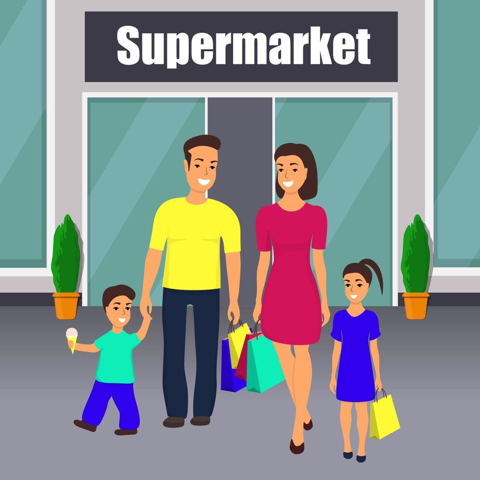 Family with children getting out of the shopping center with shopping bags in hand. Mom, dad, son and daughter enjoy shopping. Shopping center in the background. Vector illustration in flat style.