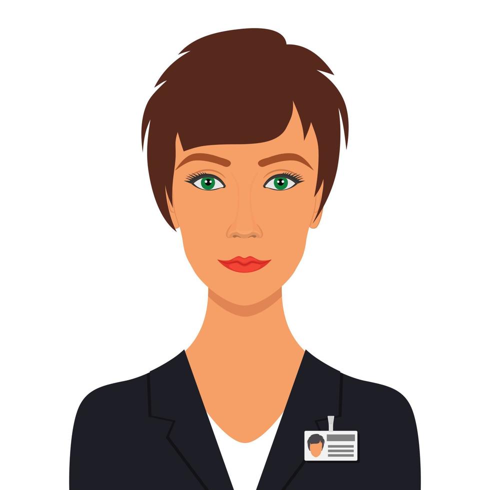 Elegant pretty woman in business suit with badge. Woman business avatar profile picture. Vector illustration, isolated.