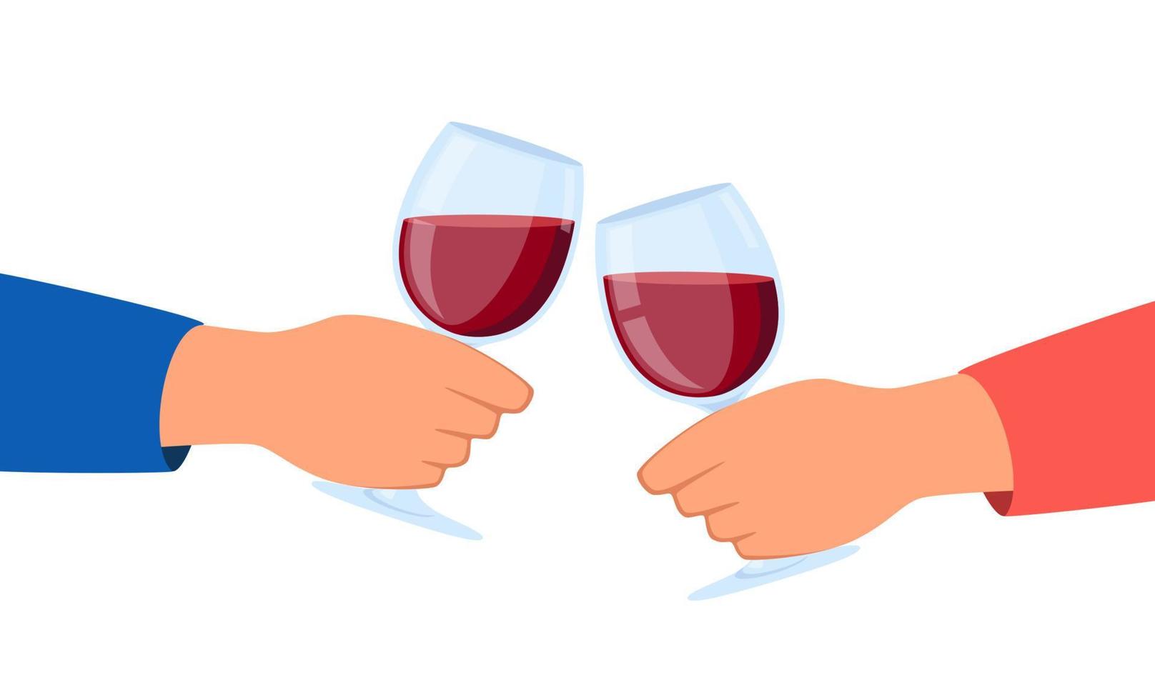 Clink glasses hands. Friends clink wine drinks, alcohol drinks in wineglasses. Vector illustration.